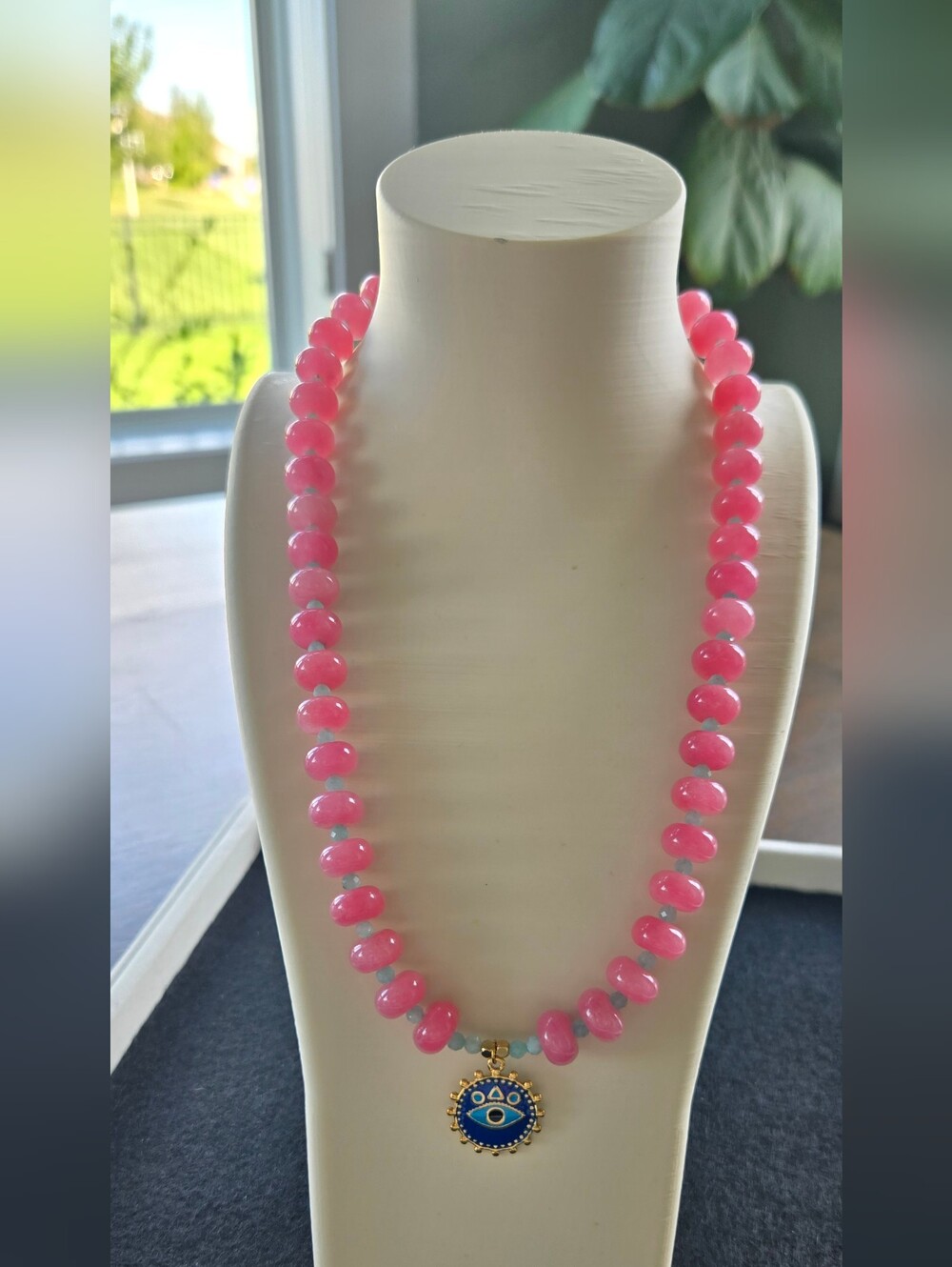 Dyed Pink Jade And Semi-precious Stone Beaded Necklace With Evil Eye Pendant